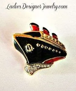 Vintage Black Red Enamel Cruise Ship Pin Brooch Pave Rhinestones