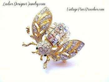 Vintage Crystal Diamond Gold Plate Rhinestone Bumble Bee Designer Pin Brooch For Women, Baguette Emerald Cut Rhinestone Pins Brooches Jewelry Bees