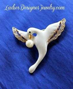 White Dove Pin Brooch Pearl Crystal Emerald Rhinestone Vintage Bird