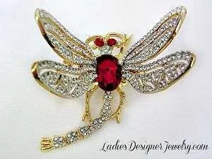 Tremble Articulated Dragonfly Pin Brooch Rhinestone Ruby Red Diamond