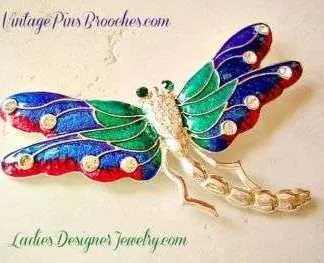 Vintage Pave Diamond Emerald Rhinestone Enamel Large Dragonfly Brooch Pin, Dragonflies