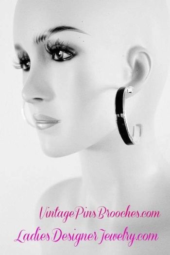 Vintage Black Enamel Silver Tone Bangle Bracelet Hoop Earrings Jewelry Set Bracelets