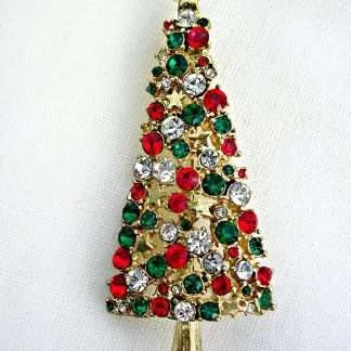 Vintage Gold Plate Diamond Emerald Ruby Tall Christmas Tree Brooch Pin, Ladies Holiday Jewelry Brooches P76