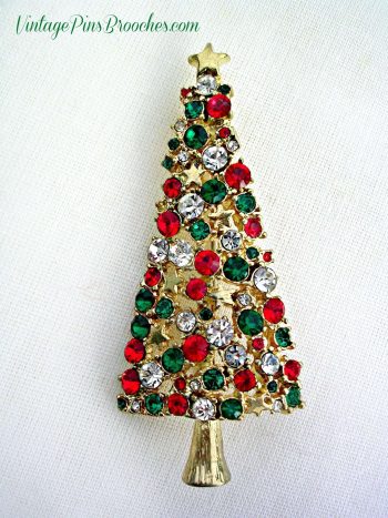 Vintage Gold Plate Diamond Emerald Ruby Tall Christmas Tree Brooch Pin, Ladies Holiday Jewelry Brooches P76