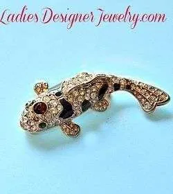 Black Enameled Fish Pin Pave Ruby Crystal Rhinestone Fishing Brooch