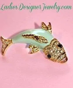 Aqua Blue Enameled Bass Fish Pin Pave Daimond Rhinestone Brooch