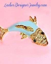 Ocean Blue Enameled Bass Fish Pin Pave Daimond Rhinestone Brooch