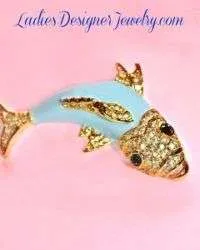 Ocean Blue Enameled Bass Fish Pin Pave Daimond Rhinestone Brooch