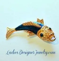 Deep Ocean Blue Enameled Bass Fish Pin Pave Rhinestone Fishing Brooch