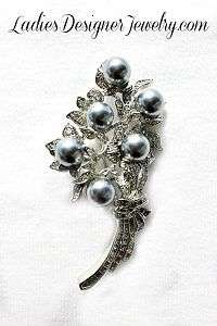 Grey Pearl Crystal Diamond Rhinestone Flower Pin Vintage Bouquet Brooch