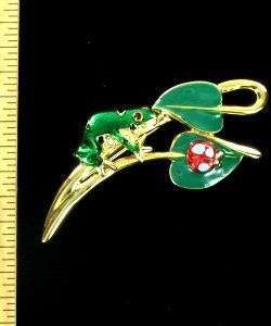 Vintage Frog On A Leaf Crystal Rhinestone Green Enamel Pin Brooch Jewelry