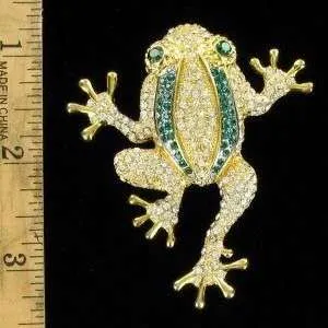 Vintage Rhinestone Emerald Crystal Large Frog Pin Brooch Jewelry