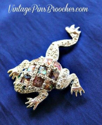 Vintage Pave Rhinestone Frog Brooch Pin Brown Enamel Tortoise Shell Frogs