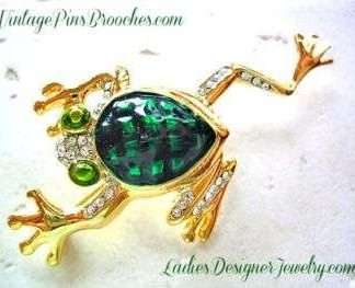 Vintage Green Enamel Pave Rhinestone Frog Brooch Pin Frogs, Ladies Designer Jewelry