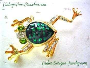 Vintage Green Enamel Pave Rhinestone Frog Brooch Pin Frogs, Ladies Designer Jewelry