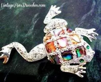 Vintage Pave Rhinestone Frog Brooch Pin Brown Enamel Tortoise Shell Frogs
