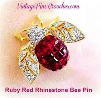 Vintage Crystal Diamond Ruby Red Garnet Rhinestone Bumble Bee Designer Pin Brooch For Women, Baguette Emerald Cut Rhinestone Pins Brooches Jewelry Bees