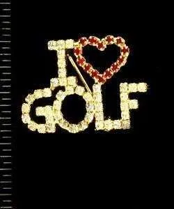 Vintage Ruby Red Crystal Diamond Rhinestone I Love Golf Heart Pin Brooch