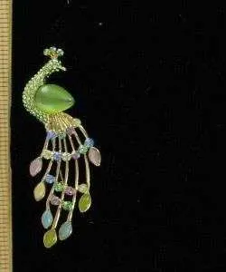 Vintage Green Moonstone Peridot Pink Sapphire Rhinestone Peacock Pin Brooch, Peacocks Ladies Designer Fashion Jewelry