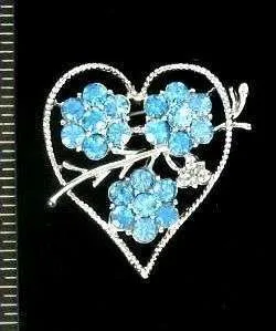 Vintage Valentine's Day Blue Topaz Rhinestone Heart Brooch Pin Ladies Designer Jewelry Pins