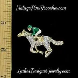 Kentucky Derby Racing Horse Jockey Pin Brooch, Green White Enamel & Pave Rhinestone Jewelry