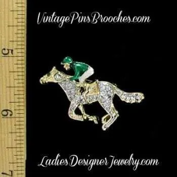 Kentucky Derby Racing Horse Jockey Pin Brooch, Green White Enamel & Pave Rhinestone Jewelry