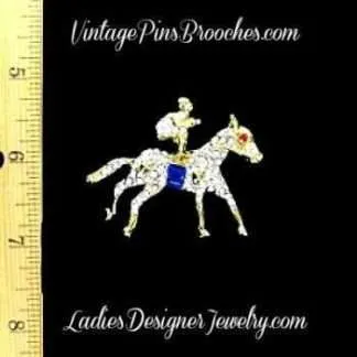 Vintage Sapphire Blue Baguette And Pave Diamond Crystal Rhinestone Horse And Jockey Racing Pin Brooch, Equestrian Horses