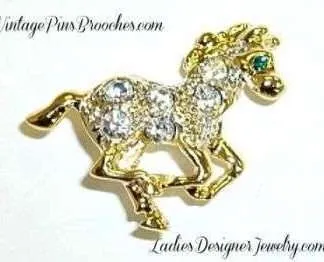 Vintage Gold Plate Horse Pave Rhinestone Tac Pin Brooch Jewelry, Horses Lapel Pins