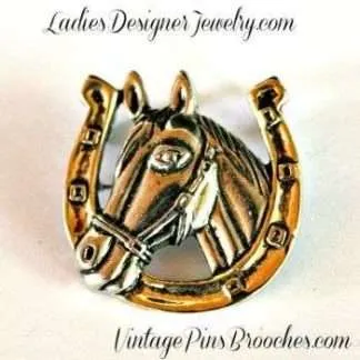 Vintage Gold Plate Horse And Horse Shoe Brooch Pin, Ladies Designer Fashion Jewelry Horses