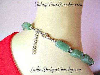 Vintage Jade Green Semi Precious Stone Chunk Bead Necklace Silver-Tone Lobster Claw Clasp Adjustment Chain, Ladies Designer Jewelry Necklaces