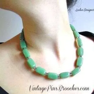 Vintage Jade Green Semi Precious Stone Chunk Bead Necklace Silver-Tone Lobster Claw Clasp Adjustment Chain, Ladies Designer Jewelry Necklaces