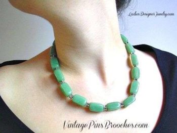 Vintage Jade Green Semi Precious Stone Chunk Bead Necklace Silver-Tone Lobster Claw Clasp Adjustment Chain, Ladies Designer Jewelry Necklaces
