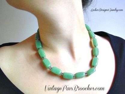 Vintage Jade Green Semi Precious Stone Chunk Bead Necklace Silver-Tone Lobster Claw Clasp Adjustment Chain, Ladies Designer Jewelry Necklaces