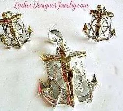 Jesus Crucifix Cross Anchor Pendant Pierced Earring Set Vintage Christian