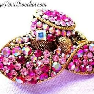 Vintage Pink Sapphire Rhinestone Antiqued Gold Plated Fashion Hat With A Bow Pin Brooch, Designer Ladies Hats Brooches Pins Jewelry