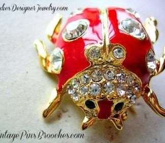 Vintage Red Enamel Rhinestone Ladybug Beetle Pin Brooch Ladybugs