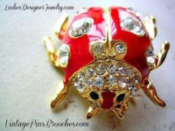 Vintage Red Enamel Rhinestone Ladybug Beetle Pin Brooch Ladybugs