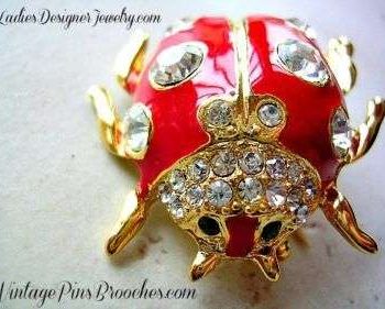 Vintage Red Enamel Rhinestone Ladybug Beetle Pin Brooch Ladybugs