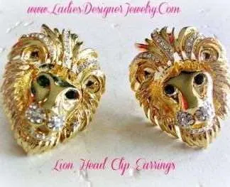 Gold Plate Vintage Lion Clip Diamond Emerald Rhinestone Earrings Jewelry Ladies