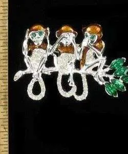 Vintage Diamond Rhinestone Brooch 3 Monkeys On A Branch Pin Women's Fashion Jewelry