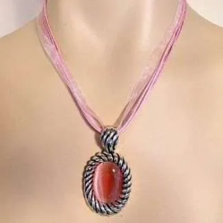 Vintage Pink Cabochons Lucite Cats Eye Oval Silver Tone Pendant Ribbon Choker Necklace, Ladies Designer Jewelry Necklaces Pendants