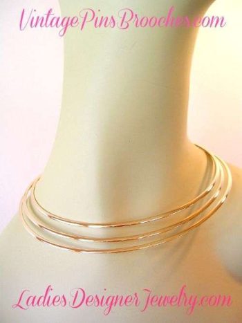 Vintage Collar Choker Three Tier Torque Gold Tone Necklace, Ladies Designer Fashion Necklaces Jewelry