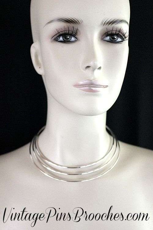 Vintage Collar Choker Three Tier Torque Silver Tone Necklace, Ladies Designer Fashion Cuff Necklaces Jewelry
