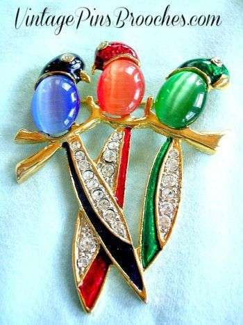 Vintage Rhinestone Parrot Parrots Pin Brooch Ladies Designer Jewelry