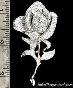 Vintage Large Pave Diamond Rhinestone Rose Brooch Pin Jewelry Pins