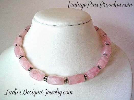 Vintage Pink Rose Quartz Semi Precious Stone Chunk Bead Necklace Silver-Tone Lobster Claw Clasp Adjustment Chain, Ladies Designer Jewelry Necklaces