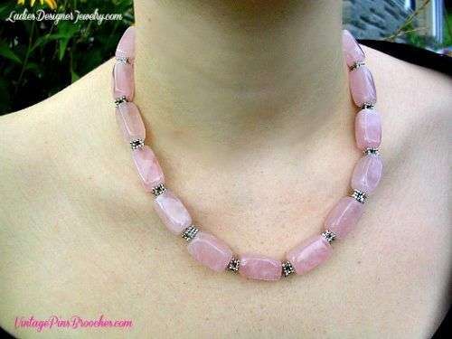 Vintage Pink Rose Quartz Semi Precious Stone Chunk Bead Necklace Silver-Tone Lobster Claw Clasp Adjustment Chain, Ladies Designer Jewelry Necklaces