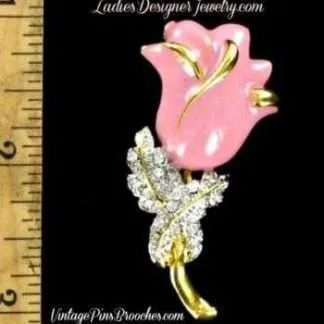 Vintage Art Deco Pave Diamond Pink Enamel Rose Flower Brooch Pin, Wedding Bridal Designer Fashion Floral Jewelry Flowers
