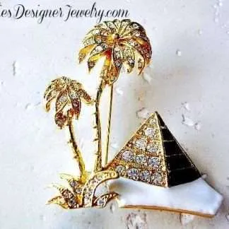 Vintage Diamond Crystal Rhinestone Black White Enamel Pyramid Brooch Pin, Desert Palm Trees Valley Of The Kings Giza Pharaoh Brooches Pins