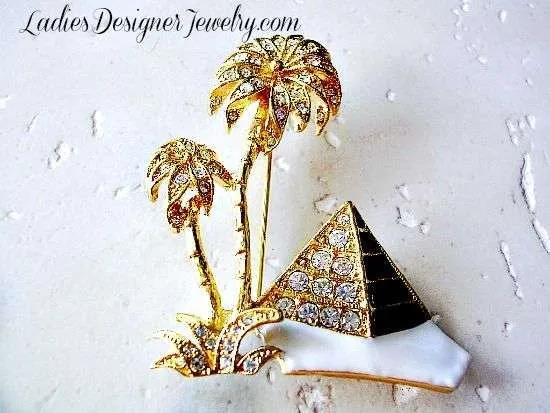 Vintage Diamond Crystal Rhinestone Black White Enamel Pyramid Brooch Pin, Desert Palm Trees Valley Of The Kings Giza Pharaoh Brooches Pins